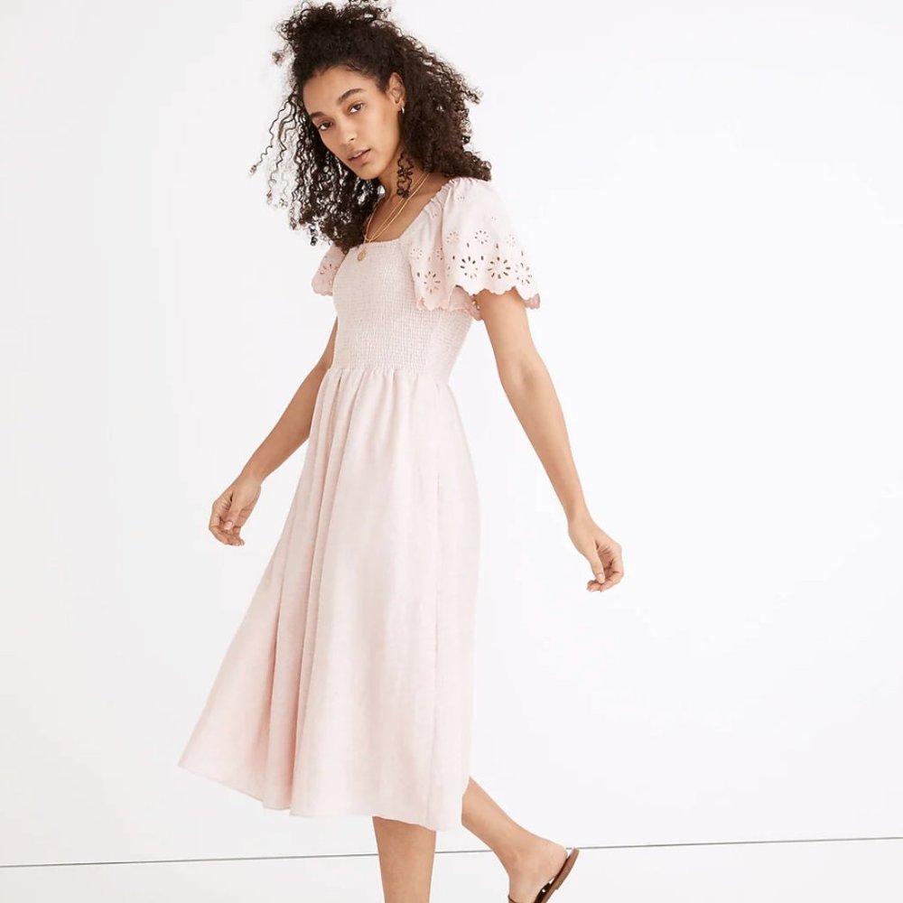 Madewell Pale Pink Eyelet Sleeve Midi Dress
